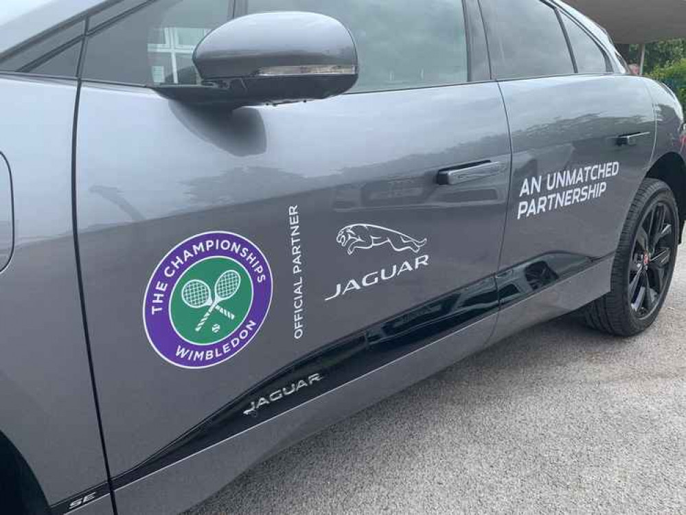 The Wimbledon-branded Jaguar I-PACE delivered the tennis equipment. The Wimbledon-branded Jaguar I-PACE delivered the tennis equipment.