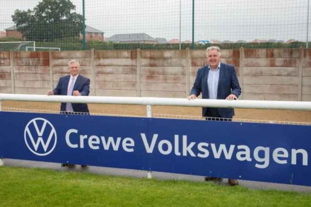 David Smyth and Jon Gold in front of Crewe Volkswagen sponsor board. David Smyth and Jon Gold in front of Crewe Volkswagen sponsor board.